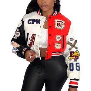 Women's Varsity Jacket with Patches Print Cropped Bomber Leather Jacket A-Red